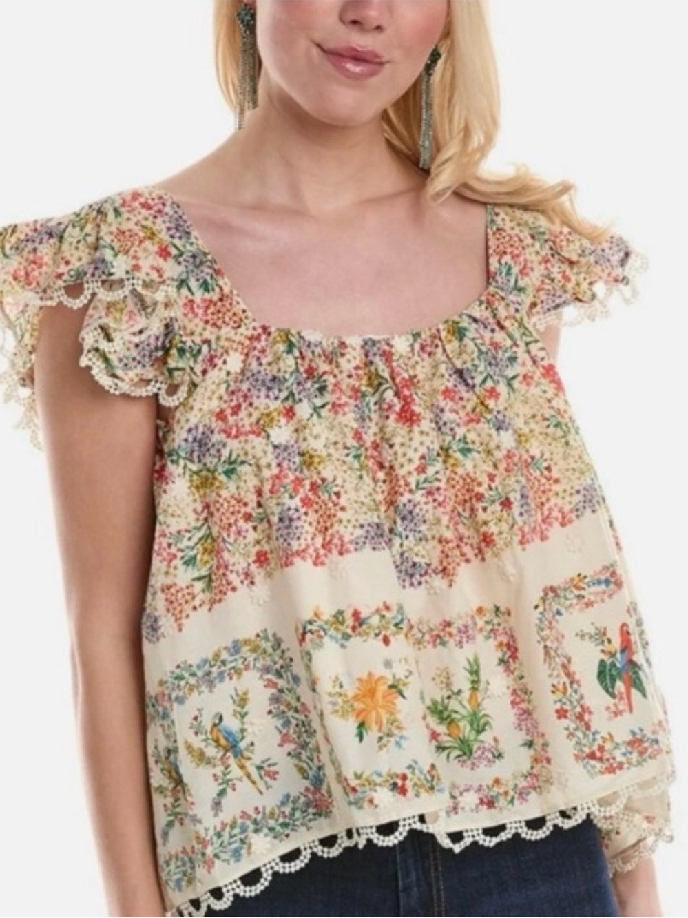 FARM Rio Cream Floral Scoop-Neck Blouse with Crochet Trim